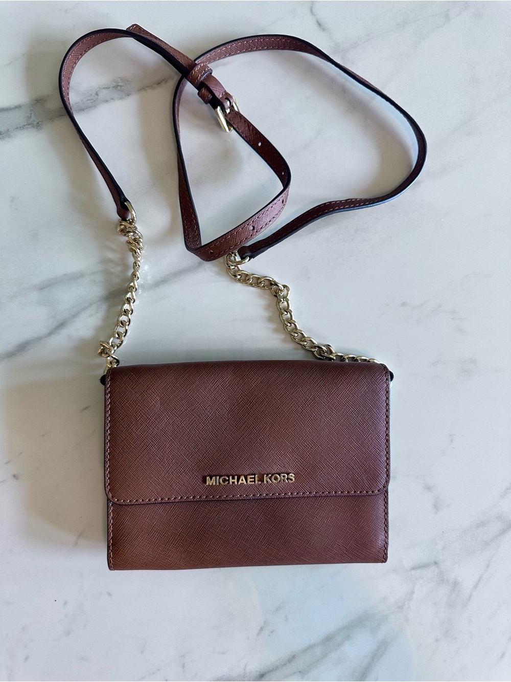 Michael Kors Brown Crossbody Wallet with Gold Chain